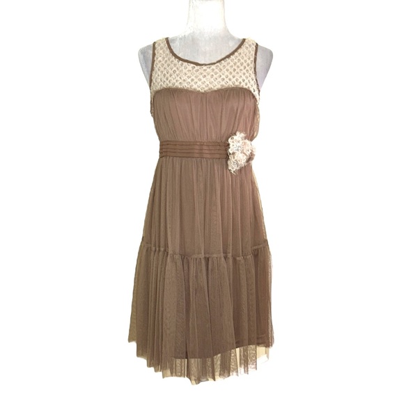 NWT Ryu Anthro Brown Tulle Crochet Knitted Floral Rosette Tie Cutout Dress - M - Picture 2 of 13